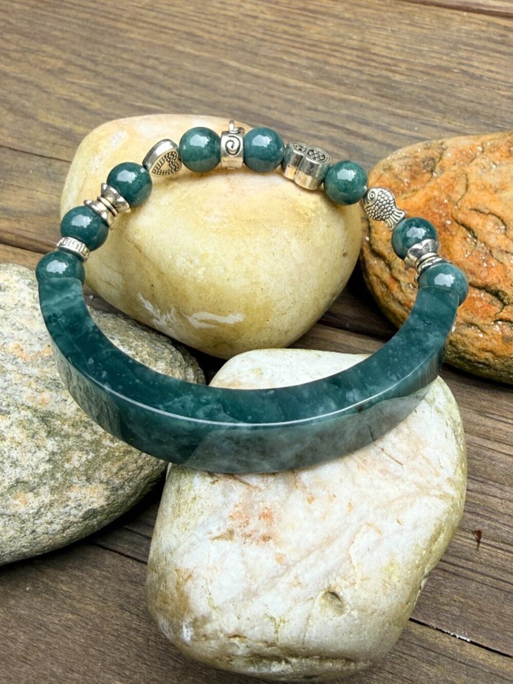 Natural Green Jadeite Beaded Bracelet Silver Charms
